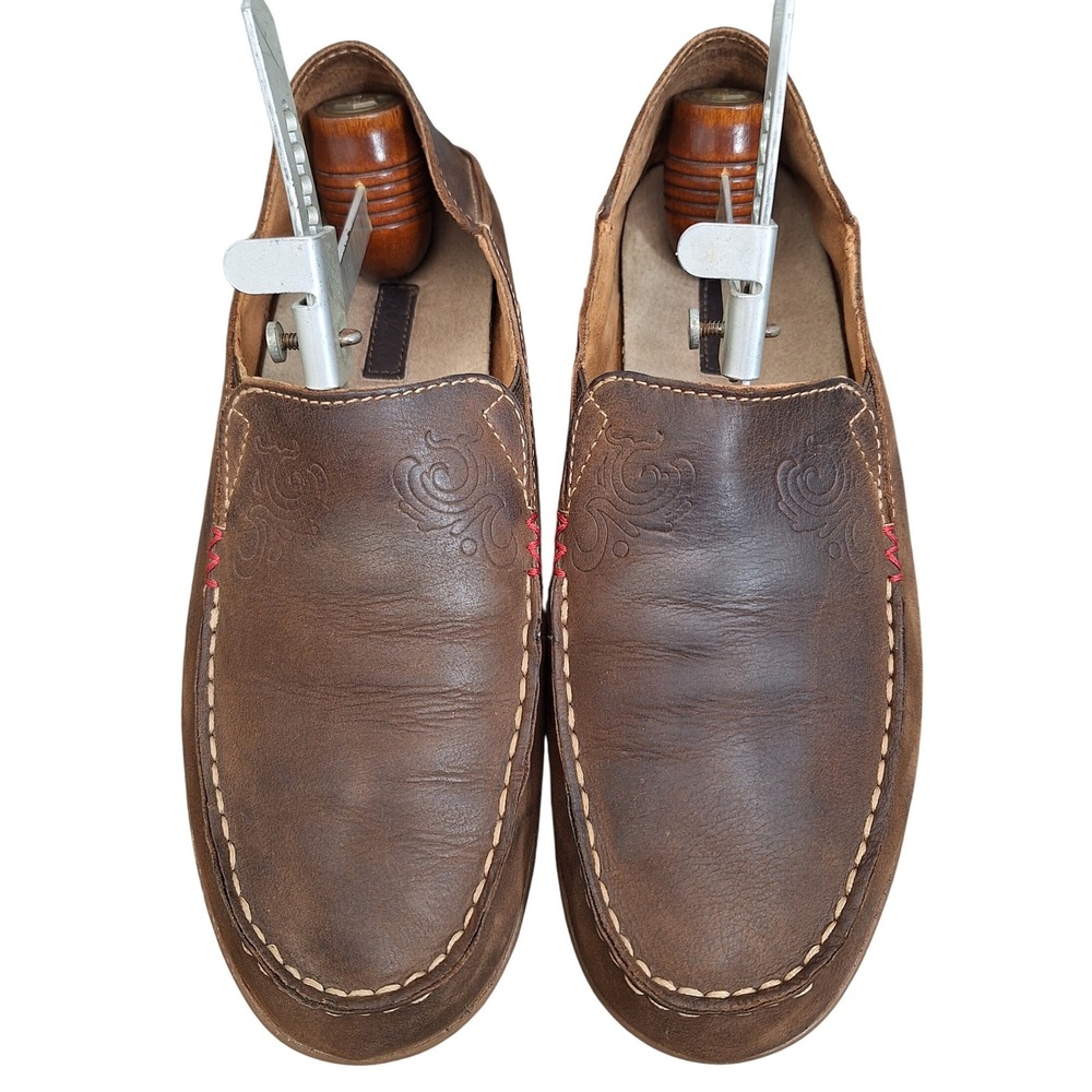 OluKai Nohea Nubuck Leather Floral Loafers Women 8.5 Brown Slip On Shoes